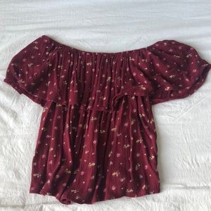 Off-The-Shoulder Burgundy Flower Blouse